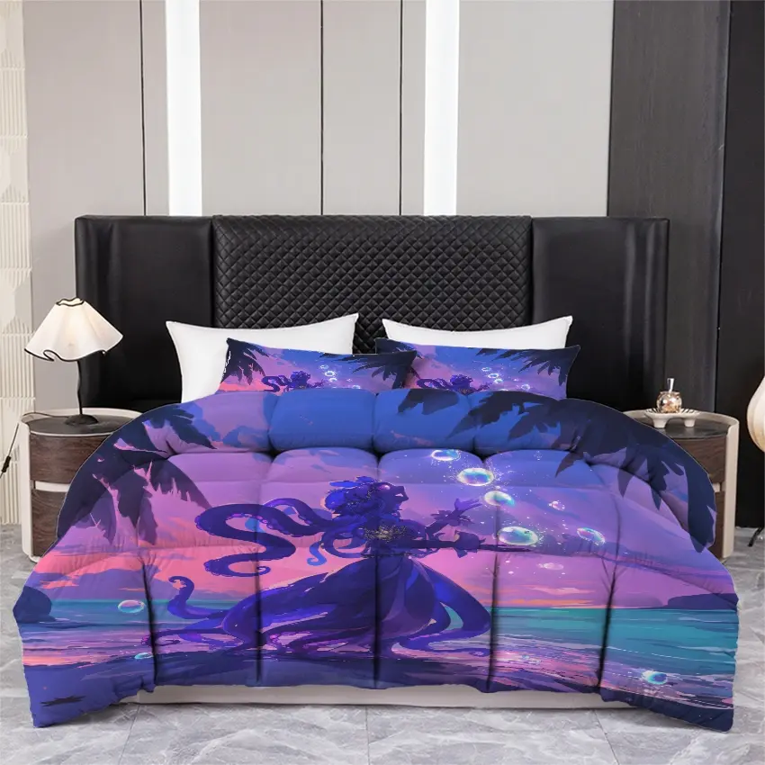 3pcs Printed quilt three-piece set (1 quiltr+2 pillowcases) - Fantasy Ocean Octopus Mermaid Print Quilt Set, Coastal Sunset Beach Aesthetic Bedding, Vibrant Purple Blue, Soft Microfiber All Season Bedroom Decor.