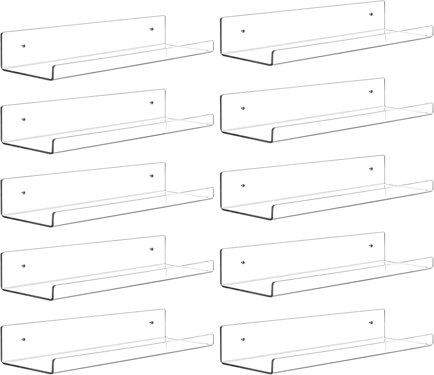 Dezzer 10 Pack Acrylic Shelves for Wall, 15" Clear Acrylic Floating Shelves for Bathroom Bedroom, Invisible Bookshelf Wall Ledge Storage Shelf Books Perfume Toys Action Figure Display Shelves