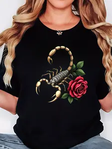 Plus Size, Women's Plus Size Casual Round Neck Summer Vacation Short Sleeve T-Shirt, Golden Scorpion + Red Rose Pattern with Letter Print, Polyester Stretch Fabric, Loose and Comfortable Spring/Summer Apparel