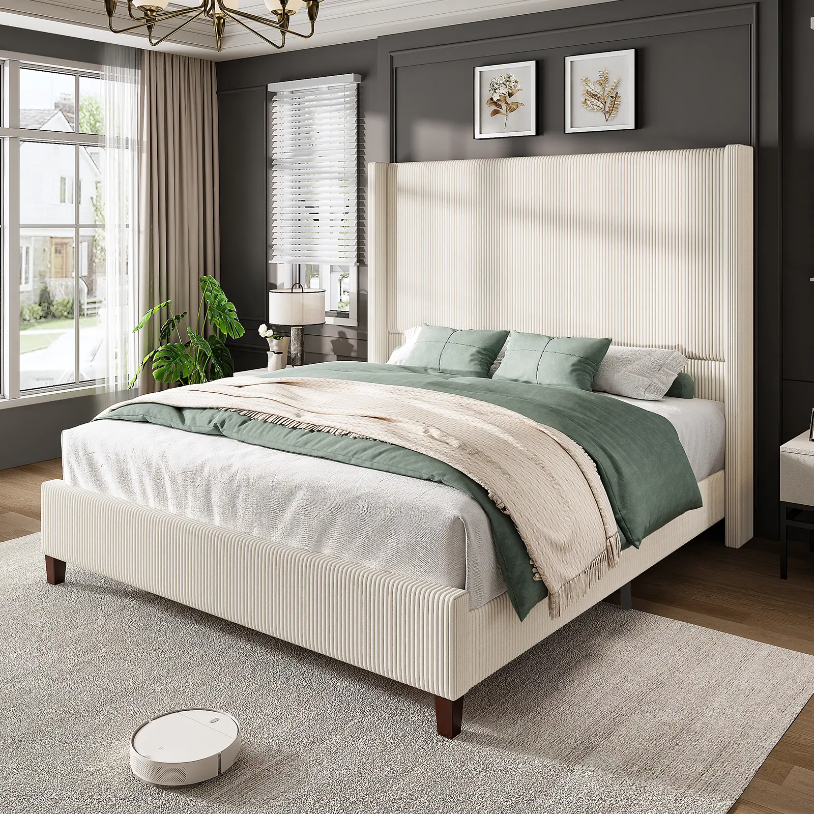 [Summerwins] [SummerFinds] AMERLIFE 62" Corduroy Upholstered Bed Frame, Luxurious Platform Bed with Extra Tall Wingback Headboard and Vertical Stripe