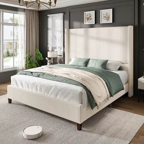 AMERLIFE 62" Corduroy Upholstered Bed Frame, Luxurious Platform Bed with Extra Tall Wingback Headboard and Vertical Stripe[TikTokShopFallDealsForYou]