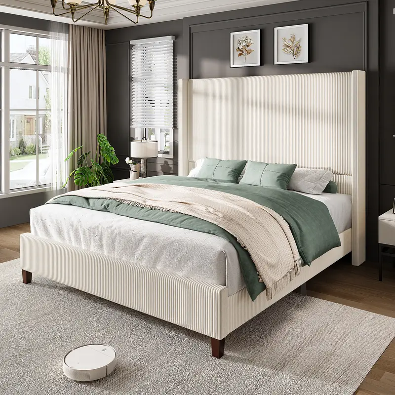 AMERLIFE 62" Corduroy Upholstered Bed Frame, Luxurious Platform Bed with Extra Tall Wingback Headboard and Vertical Stripe[TikTokShopFallDealsForYou]