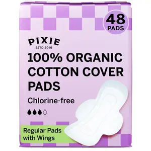 Pixie Organic Cotton Ultra Thin Pads with Wings for Women - Leak-Proof & Moisture-Wicking for Feminine Care - Compostable, Unscented Menstrual Pads - Regular Absorbency - FSA Eligible - 48 Count