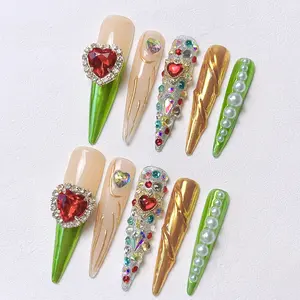 10Pcs Handmade Press on Nails Kit Halloween Long Coffin Line Art Bling Glitter Glistening Iridescent luxurious Rhinestone Decor Japanese Style Modern Elegant Minimalist Korea Style Fresh Design Chic French Style Neutral Classica, Glossy Acrylic Nails