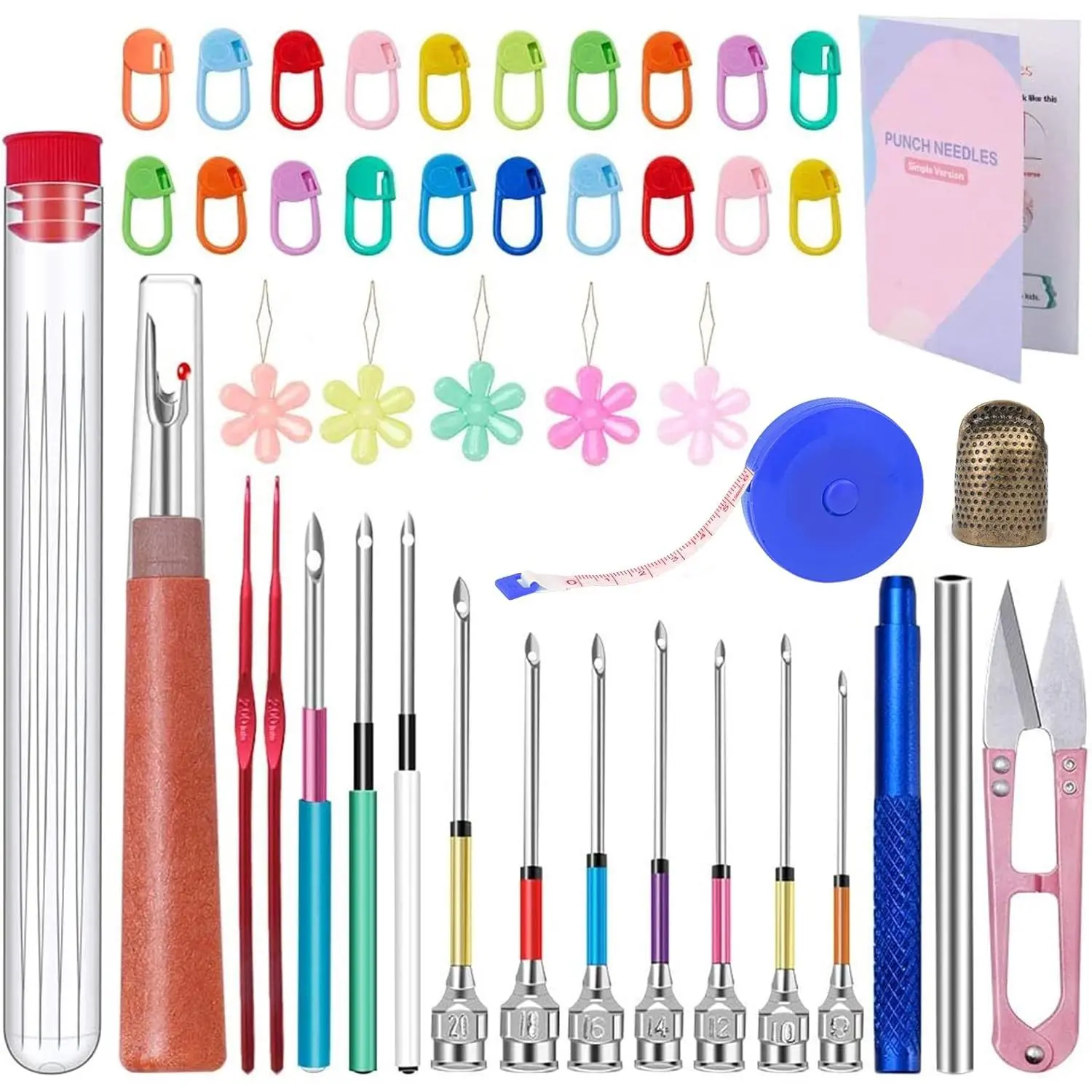Punch Needle, 43 count Punch Needle Tool and Instructions - Punch Needle Embroidery Kit with Embroidery Tools, Seam Ripper, Threader and Thimble, Needle Punch Kits for Beginners
