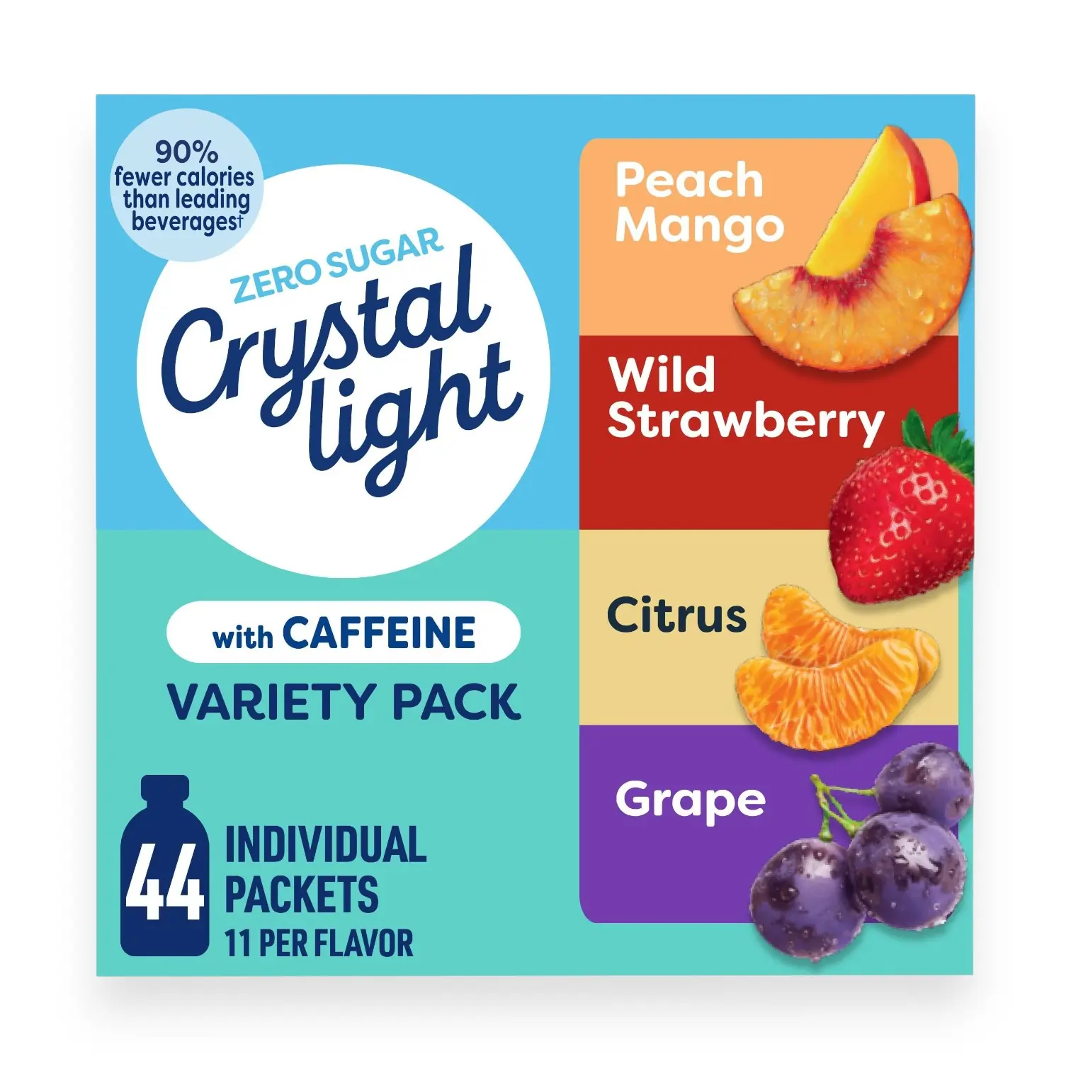Crystal Light Caffeine Drink Mix Variety Pack, 44 Packets, Peach Mango, Wild Strawberry, Citrus and Grape