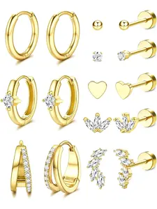 8 Pairs Flat Back Earrings For Women Hypoallergenic 316L Steel Gold/Silver Studs Cartilage Earrings Set Small Huggie Hoop Earring Stack Helix Tragus Piercing Jewellery Stud Earrings Jewelry