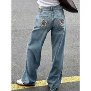 Y2K Streetwear Denim Pants, Casual Washed Cat Whiskers, Back Pocket, Leopard Print Star Patch Straight Leg Jeans, Back To School Outfit
