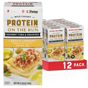 Prime Protein on the Run Tuna Snack Kit, Pack of 12 - Gourmet Tuna Marinated in Olive Oil & Zesty Lemon with Crackers and Serving Utensil - 19g of Protein Per Serving