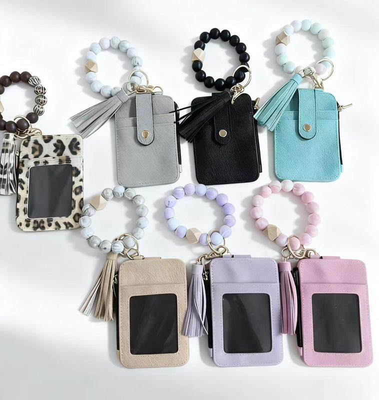 calico  pouches Boho Beaded Bracelet Wallet with Keychain & Tassel, Wristlet Purse for Women, Fashion Silicone Beaded Credit Card Holder Key Ring, Cute Birthday Gift for Women & Girls handbag  keychain small  trinkets trendy all-match birthday gift adult