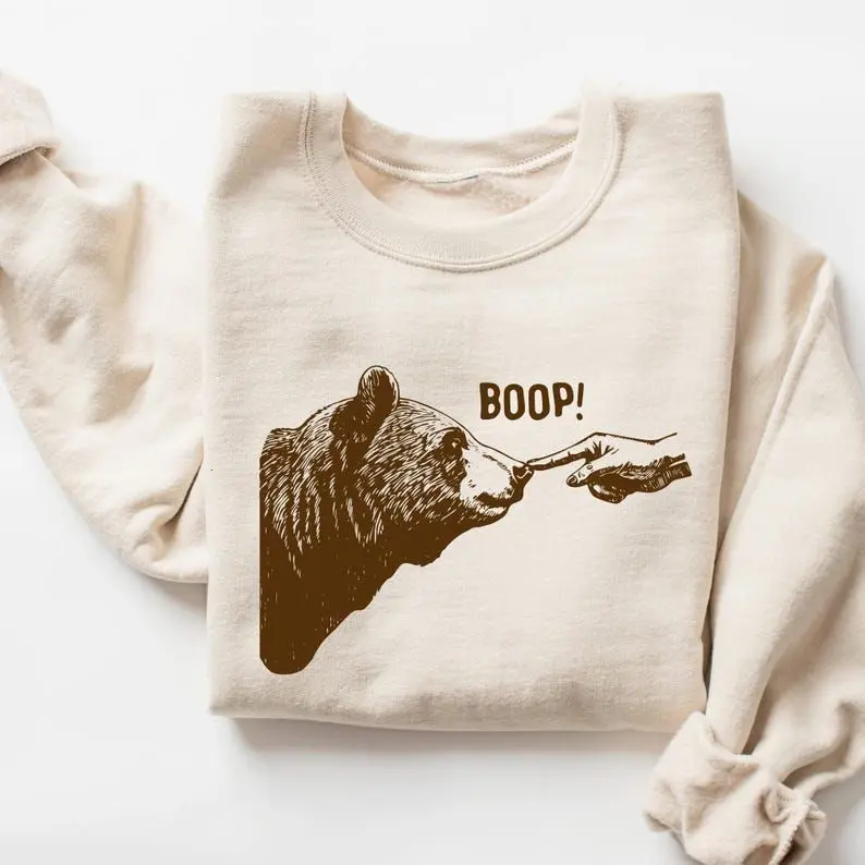 Boop! Sweatshirt, Vintage Bear Finger Touching Nose Shirt, Funny Retro Graphic Sweatshirt, Cute Unisex Bear Crewneck