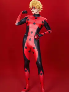 [Officially Licensed] Miraculous Ladybug Mister Bug Cosplay Costume Black And Red Elastic Jumpsuit Halloween Costume Unisex