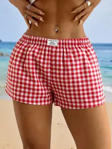Summer Casual Sporty Fashion All over Plaid Print Shorts, Casual Relaxed Shorts, Casual Fashionable Shorts, Elastic Waist Loose Fit Women's Bottoms, Daily Wear Short Pants