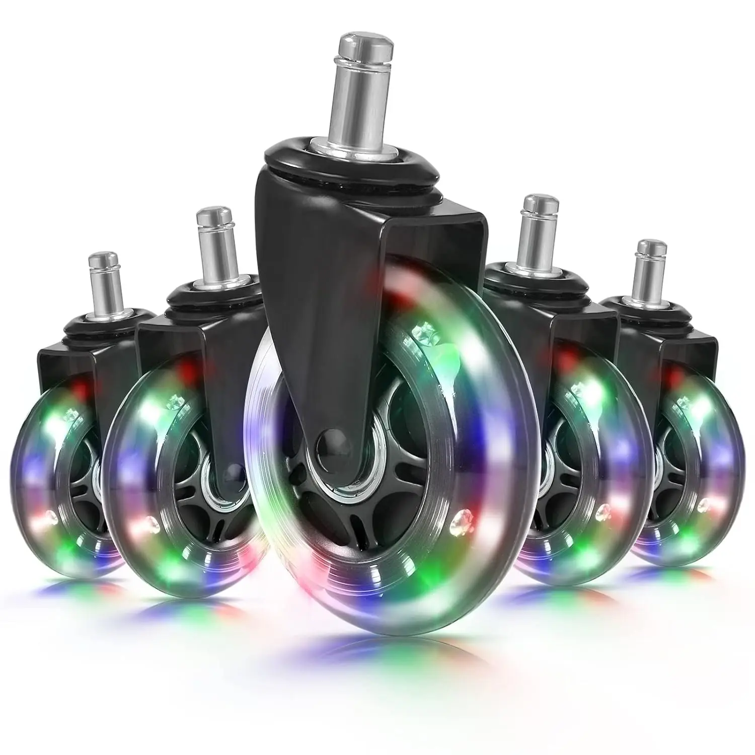 Office Chair Caster with RGB Color Changing Lights Set of 5 Rubber Replacement, Heavy Duty Universal Quiet Rolling Casters Fit Standard Office Chair for Hardwood Floors, Tiles and Carpet