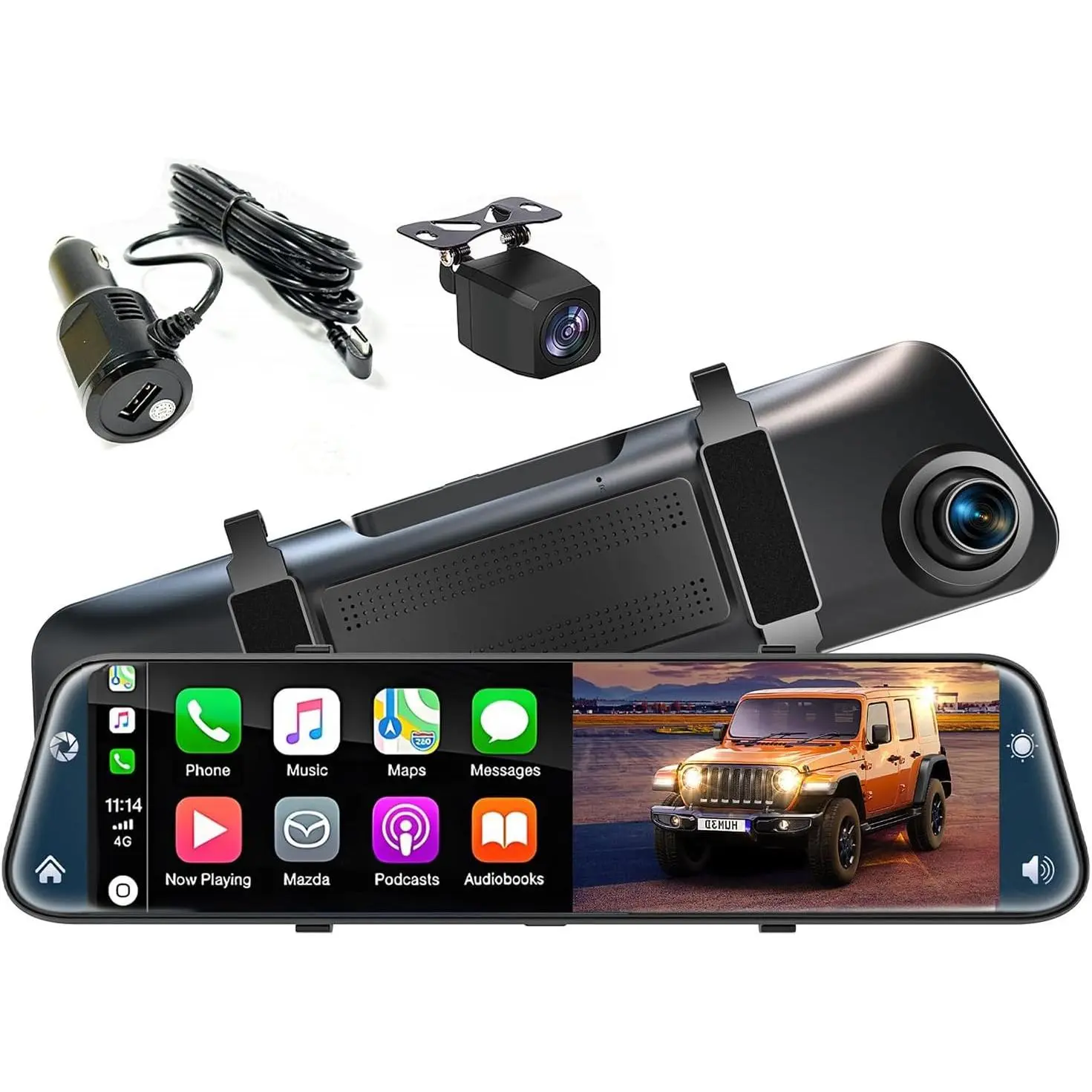 12" Rear View Mirror Camera with Carplay&Android Auto 4K Mirror Dash Cam | Voice Control/Split Screen/Parking Monitor/Loop Record/Reverse Assist/G-sensor/64GB Card