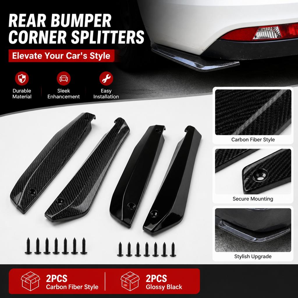 2PCS Universal Car Bumper Corner Spoilers, Gloss Black/Carbon Fiber Pattern Diffuser, Anti-Scratch Protector Side Apron for Most Vehicles