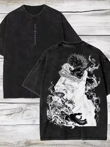 Hiphop Men Streetwear, Vintage Washed T-Shirt, Anime Pattern Tee, Harajuku Casual Short Sleeve Loose Fit Top