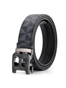 Men's Triangle Plaid Belt with B Logo Buckle, Luxury Automatic Belt for Business & Casual, PVC Leather, All Seasons
