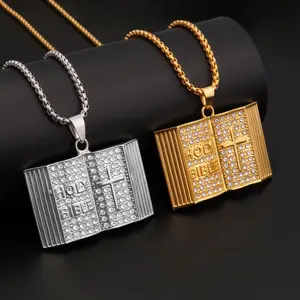 Vintage Bible Pendant Necklace Gold Plated Titanium Steel Christian Jewelry Retro Religious Necklace for Men Women Trendy Fashion Hip Hop Style Daily Wear Party Accessories