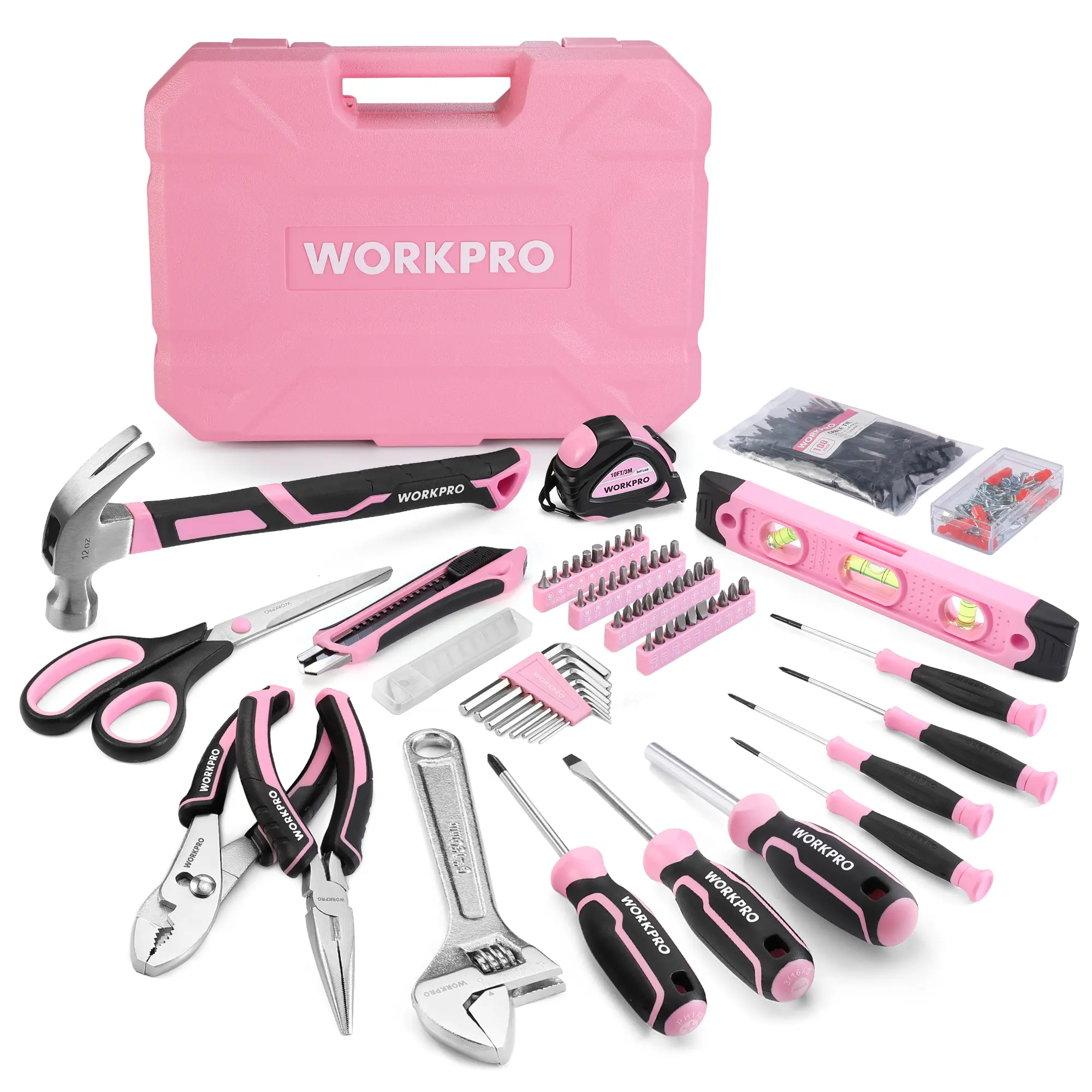 WORKPRO Pink Tool Set, Tool Kit for Women, Basic Household Case with Hammer, Screwdriver Set, Portable for Home Repair, New Apartment, House-Warming, DIY - Pink Ribbon