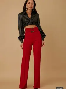 Buckle Detail High Waist Pants Stretch Fabric