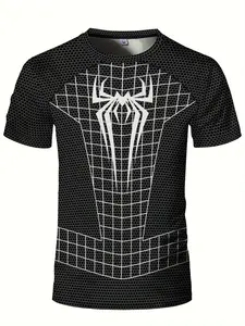 Men's Geometric Spider Web Print Compressive Sport T-Shirt, Breathable Summer Gym Wear, Round Neck, Quick Dry, Lightweight, Casual Style