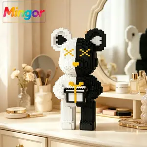 14" Split Black & White Bear Micro Building Blocks| Edgy DIY Art Toy Desk Decor