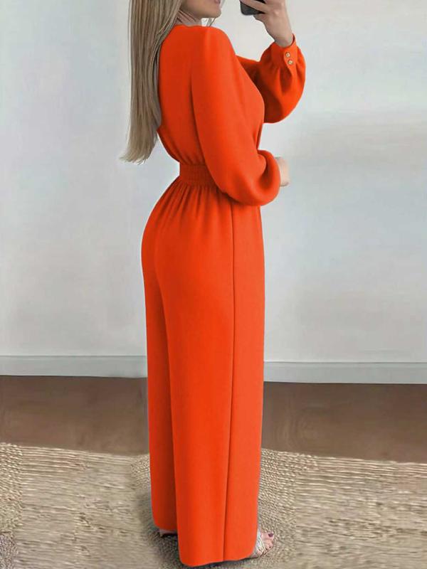 A set of casual women's waist cinched Belted jumpsuit V-neck bubble sleeve wide leg pants, suitable for autumn and winter, suitable for home, indoor, and outdoor wear