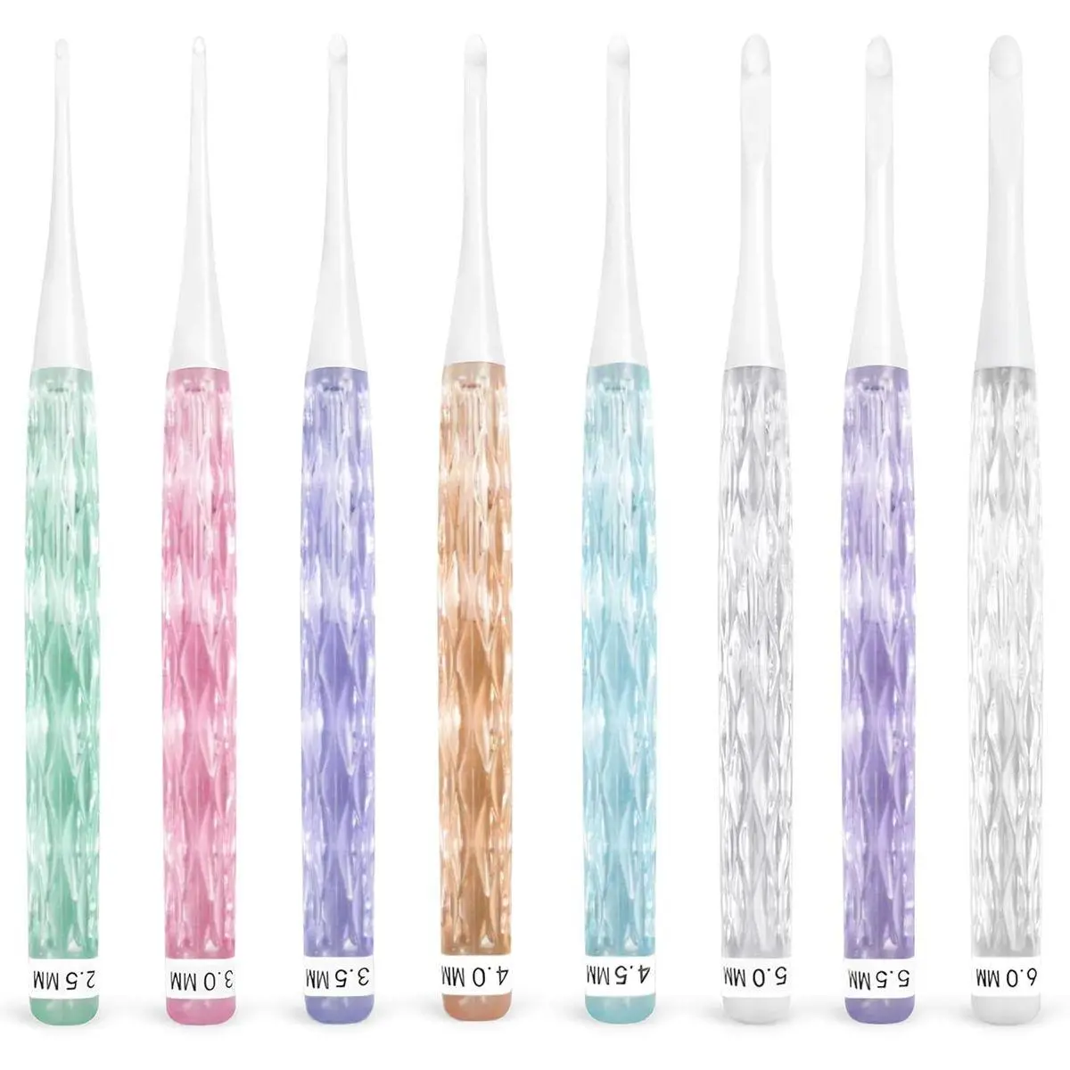 8-Size Inline Crochet Hook Set with See-Through Ergonomic Plastic Handles (2.5mm–6mm) – Ideal for Blankets, Dolls, Hats & Scarves