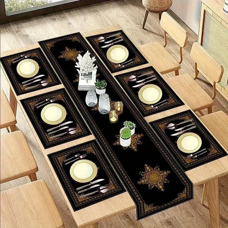 Luxury Gold Linen Tablecloth Set, Heat Resistant Non-Slip Rectangular Dining Decor, Floral Pattern, Ideal for Parties & Home Use