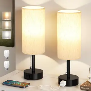 Set of 2 Bedside Table Lamps, 3 Color Temperatures Pull Chain Lamp with AC Outlet Charging Port, Small Round Night Stand Lamps with E26 LED Bulbs for Bedroom Guest Room Office