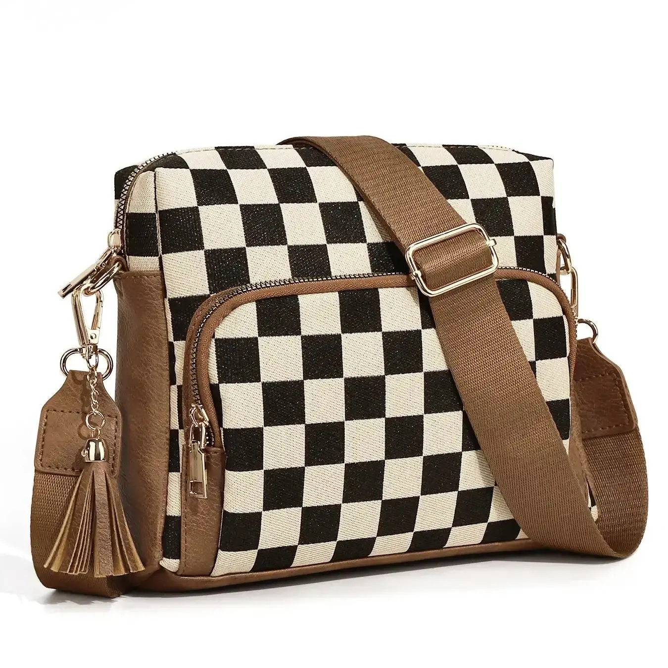 Checkered Crossbody Purses for Women Trendy,Vegan PU Medium Crossbody Shoulder Bag with Adjustable Strap,Women's Crossbody Travel Purse Built in Wallet for Travel Commute Shopping