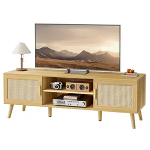 SUPERJARE 55 Inch TV Stand, Entertainment Center with Adjustable Shelf, Rattan TV Console with 2 Cabinets, Media Console, Solid Wood Feet, 4 Cord Holes, for Living Room