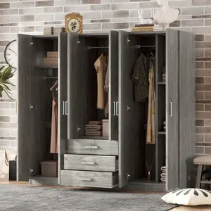 Wardrobe 6-Doors Wooden Wardrobe Storage for Bedroom, with Big Drawers, Gray