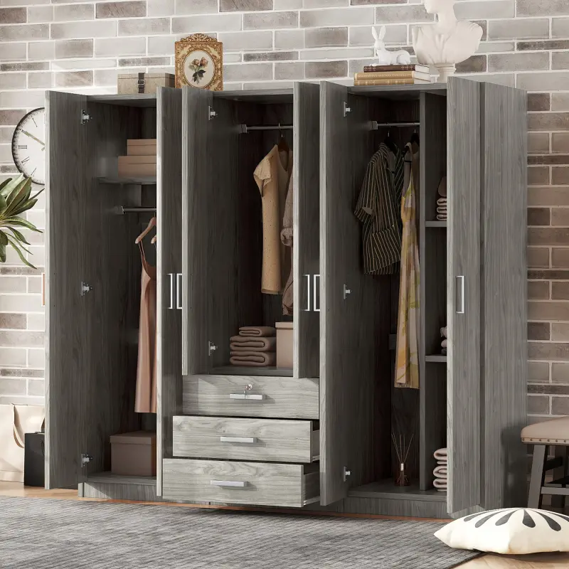 Wardrobe 6-Doors Wooden Wardrobe Storage for Bedroom, with Big Drawers, Gray