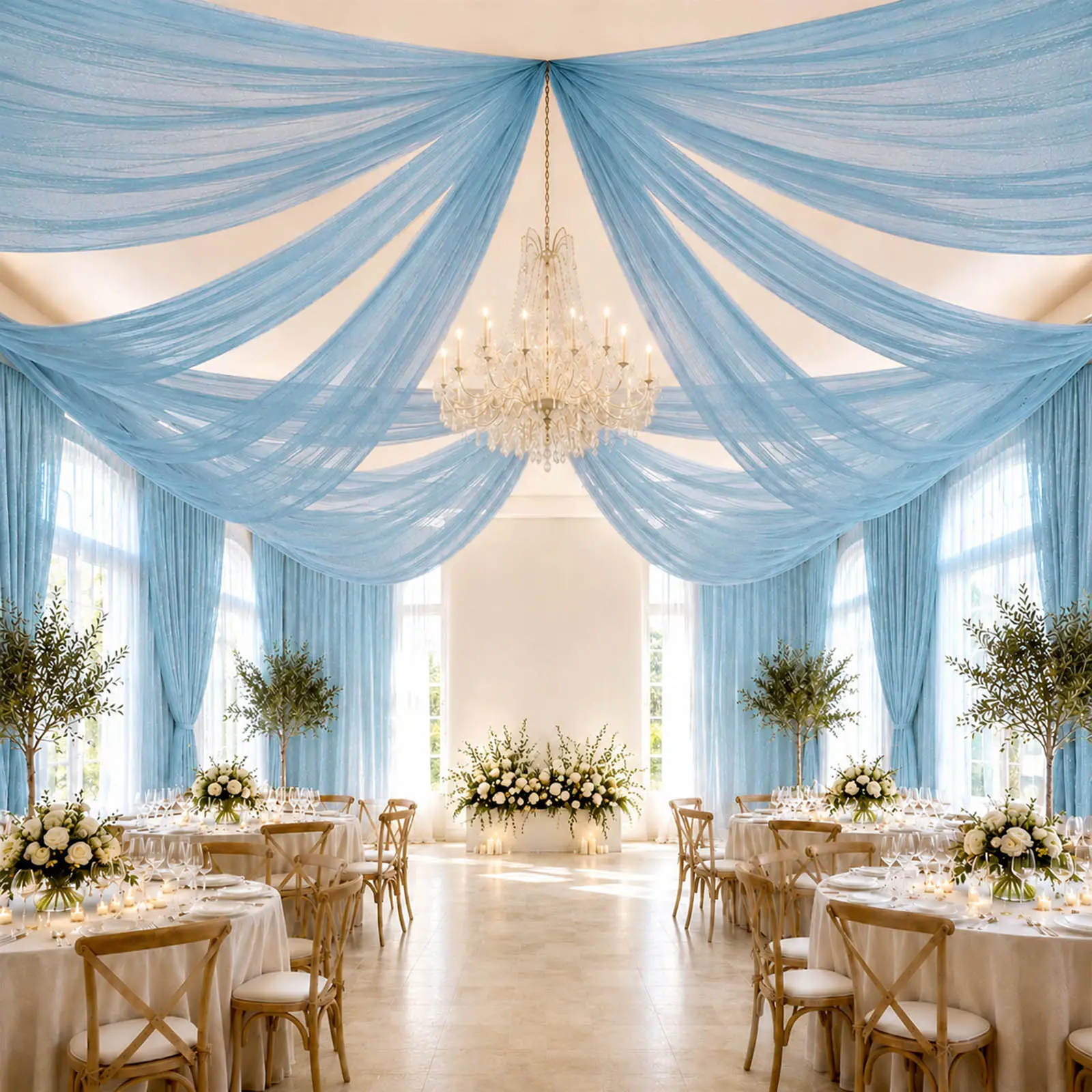 Dusty Blue Sheer Ceiling Drape – 10ft x 32ft Extra Long Drapery Panel for Wedding Canopy, Backdrop & Reception Décor