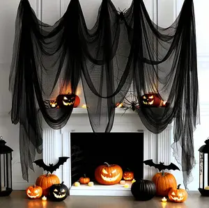 Spooky Black Gauze Curtain 2.49x6.0ft Polyester for Halloween Haunted House Decor Scary Ghost Sheer Fabric Easy To Hang Home Decor Perfect For Nightclub Escape Room Theater Backdrop Halloween Party Decorations