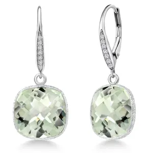 Gem Stone King 925 Sterling Silver Green Prasiolite and Lab Grown Diamond Dangle Earrings for Women | 13.10 Cttw | Gemstone Birthstone | Cushion 12MM