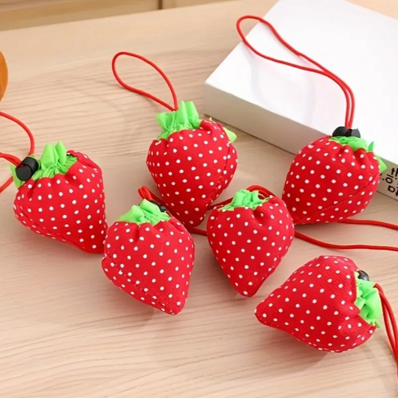 Strawberry Floral Foldable Tote Bags | 6 Pack Portable Washable Polyester Shopping Bags for Market Travel & Gift