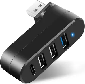 4-Port USB 3.0 Hub [90°/180° Degree Rotatable], USB Splitter with PD-in 5W USB C Port, USB Extender for Laptop, Car, iMac, MacBook Air, MacBook Pro, and More