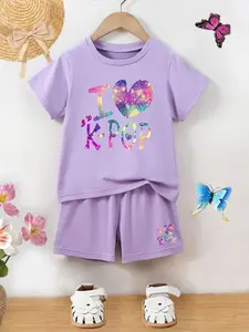 Children Valentine Party Gift Set, Short Sleeve T-Shirt + Shorts Two-Piece, I Like K-Pop Print, Casual Fitted Top & Comfortable