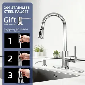 Modern 304 Stainless Steel Kitchen Faucet, 3 Water Outlet Modes, Hot Cold Water Control, 360 Degree Swivel Spout, Come with Free Kitchen Soap Dispenser