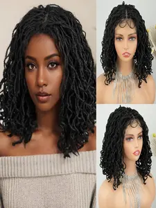 Curly Faux Locs Lace Wig 12 Inch Natural Black Large Parting Space Twist Dreadlock Wigs for Black Women Afro Curly Braided Synthetic Wig