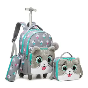 Cute Plush Cat Rolling Backpack Set for Girls | Insulated Lunch Bag + Pencil Case | Back to School Kitty Essentials kid box aesthetic bookbag