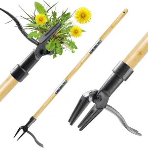 Standing Heavy-Duty Weed Puller, Long-Handled Four-Claw Steel Head, Bamboo Garden Manual Weeding Tool, No Bending or Kneeling Required, Garden Hoe