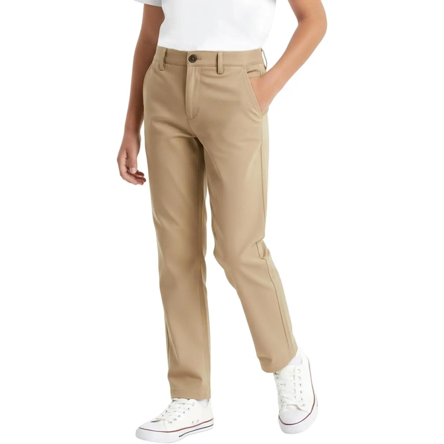 Boys Straight Twill Chino Pants School Uniform Flat Front Elastic Waist Zip Closure with Button 5-14 Years
