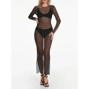 Women Bikini Cover Long Sleeve Dress with Pearl Decoration, See Through Skinny Version Clothing