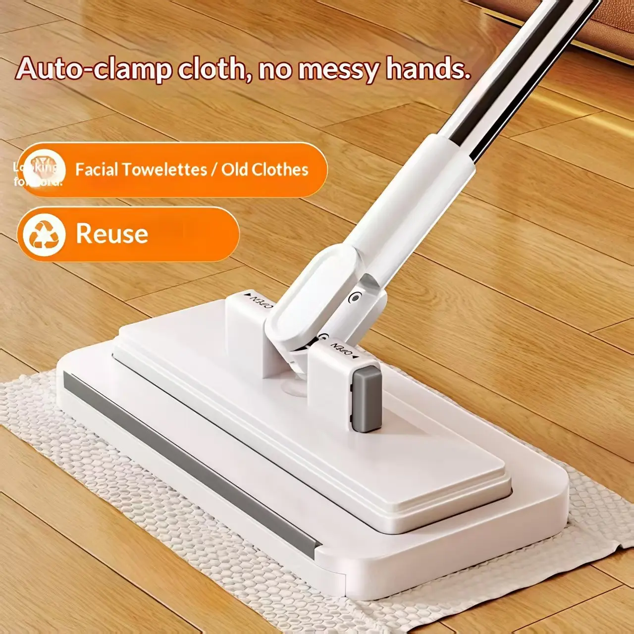 Multi-Functional Rotatable Flat Mop, 360° Rotation, Clip-On Floor Cleaner, Automatic Cloth Holder, Water Scraping Strip Included, Hands-Free Dirty Cloth Disposal, Household Cleaning Tool