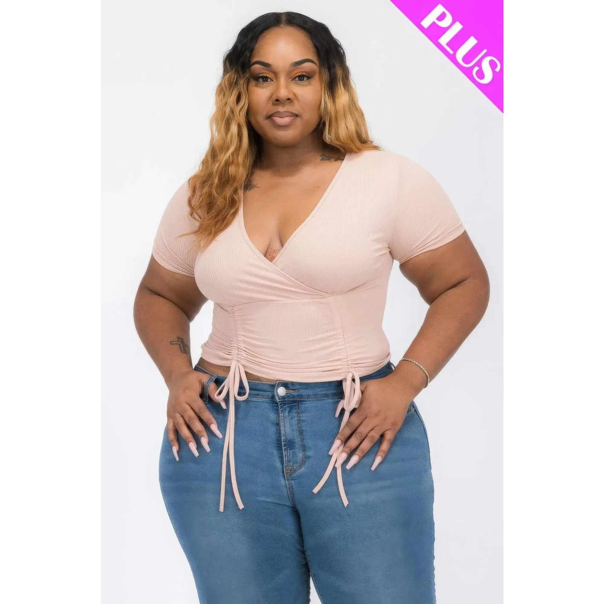 Plus Size Chic Surplice Top in Ribbed Stretch Jersey, Comfortable Feminine Blouse with Ruched Drawstring and Long Sleeves, Casual, Fabric, Fashion, Fit, Lightweight, Soft, Shirts, Style