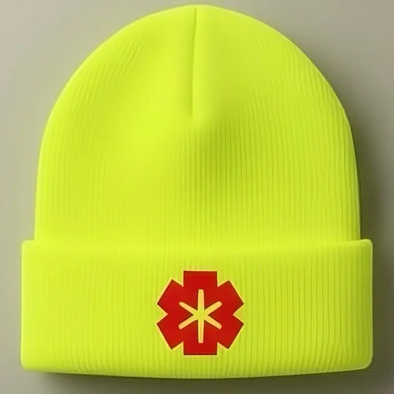 Cotton Casual Beanie - Cross-Life Embroidered, Vibrant Yellow with Red Star of Life Design, Bright Neon Graphic Hat for Stylish Warmth